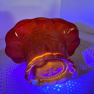 Vintage Kemple Glass Amberina Dewdrop & Lace Basket Vase – Glows Under UV!